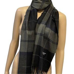 100% Cashmere Green, Grey, and Black Plaid Scarf